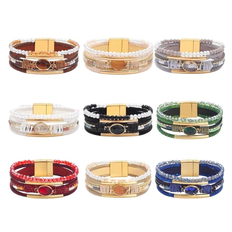 Stapelbare Kristalle Perlen Herz Lederarmband für Frauen Bohemian Handgemacht Verstellbares Armband Westliches Geschenk