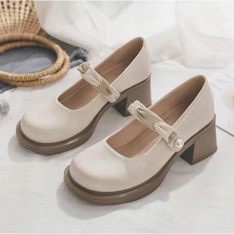 Mary Jane small leather shoes women's round head 2025 spring new Internet celebrity mid-heel shoes versatile thick heel shallow mouth platform shoes