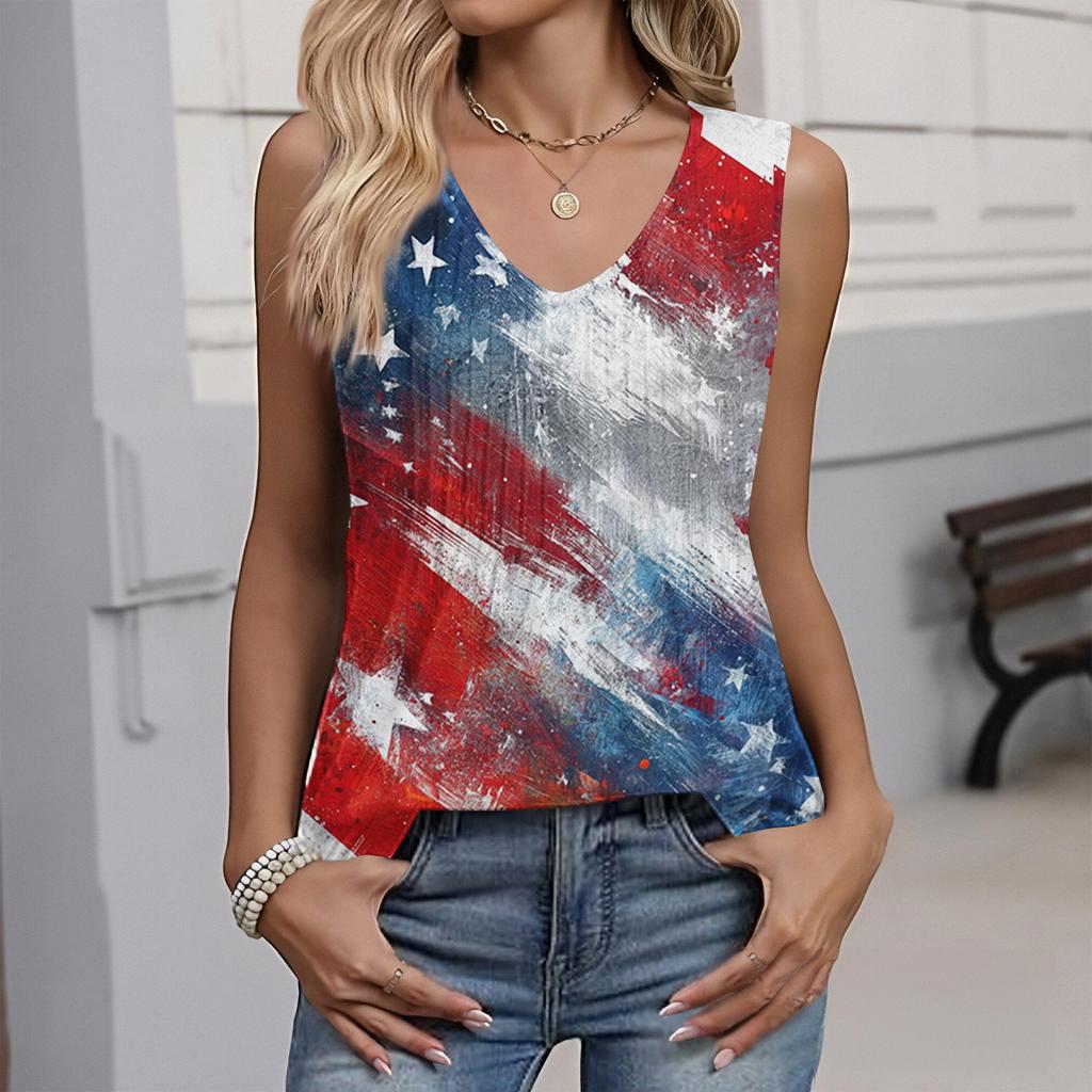 Women's Fashion Casual American Independence Day Flag and Stars Print V-neck Ruffled Sleeveless Vest T-shirt Top