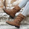 2026 Autumn New Large Size Women's Shoes Winter Medium Tube Low Heel Western Denim Street Leather Boots