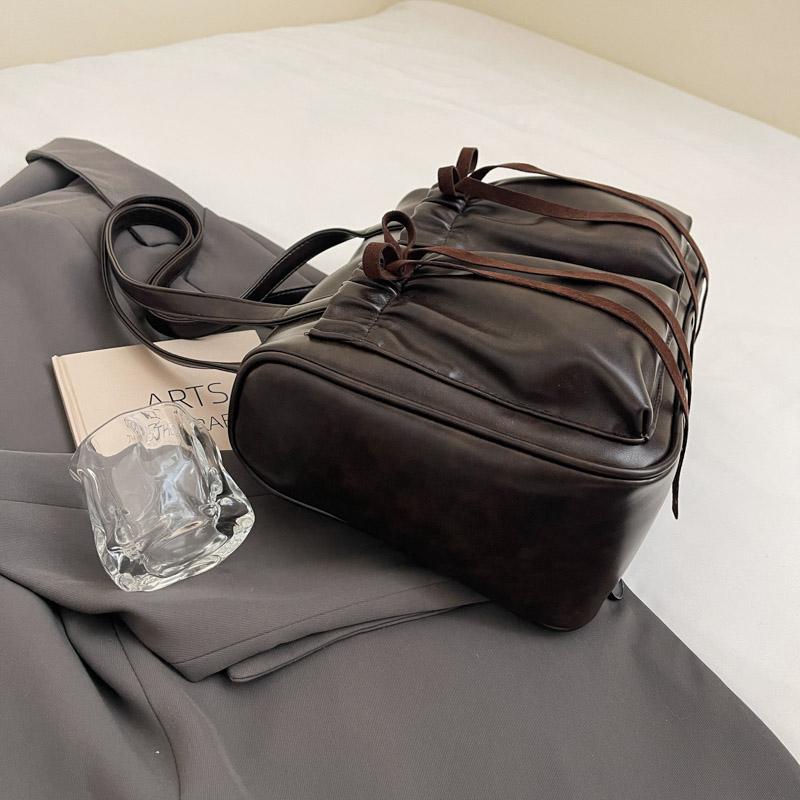 Commuter Vintage Underarm Bag Women's Bow Double Pocket Tote Bag Large Capacity Shoulder Bag