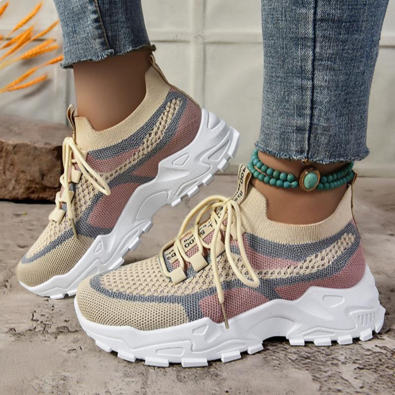 Women's Colorblock Knitted Sneakers Stylish Breathable Low Top Running Trainers, Comfy Outdoor Sports Shoes Plus Size