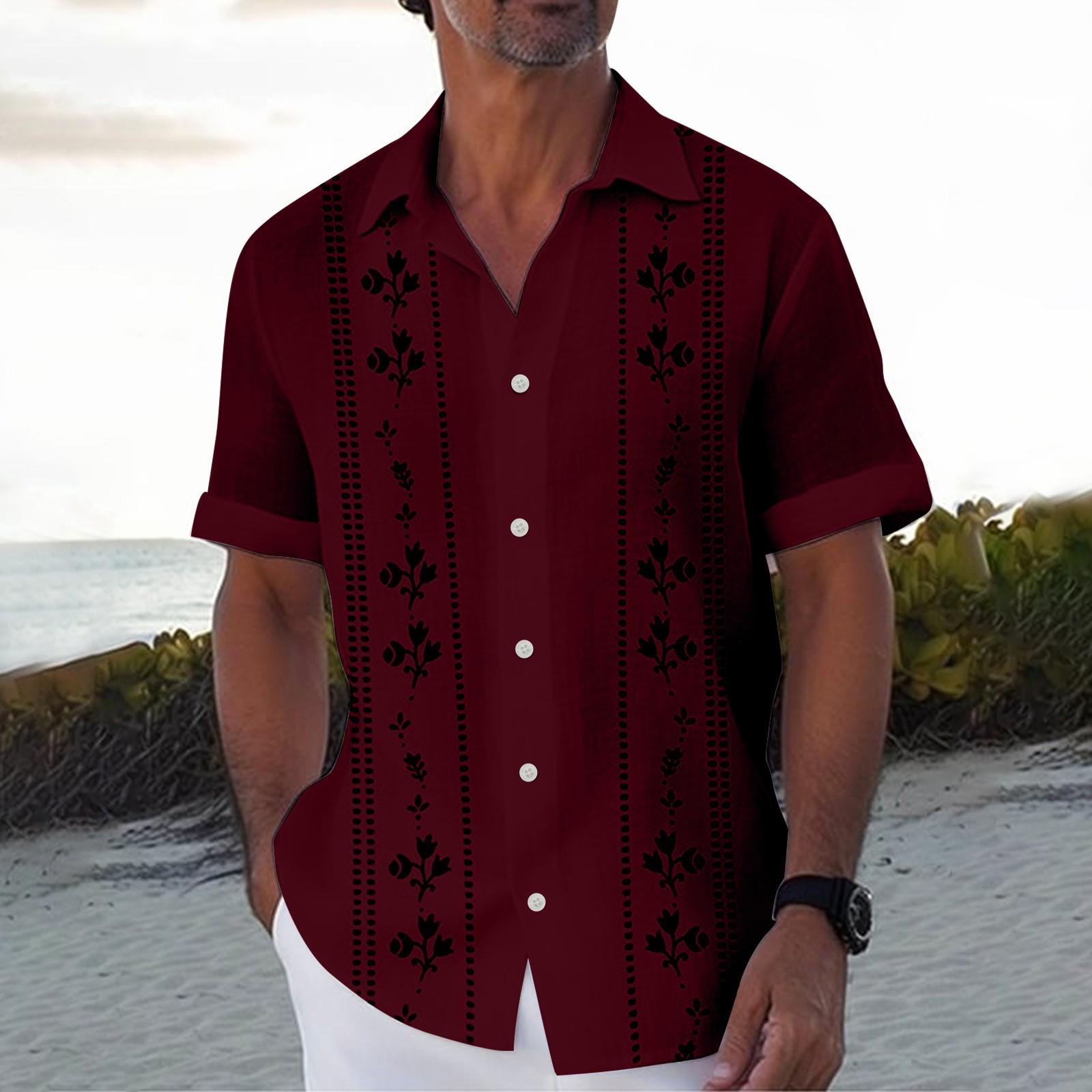 

Гавайская рубашка для мужчин, мужские винтажные рубашки для боулинга на пуговицах, летняя пляжная рубашка с коротким рукавом M винный