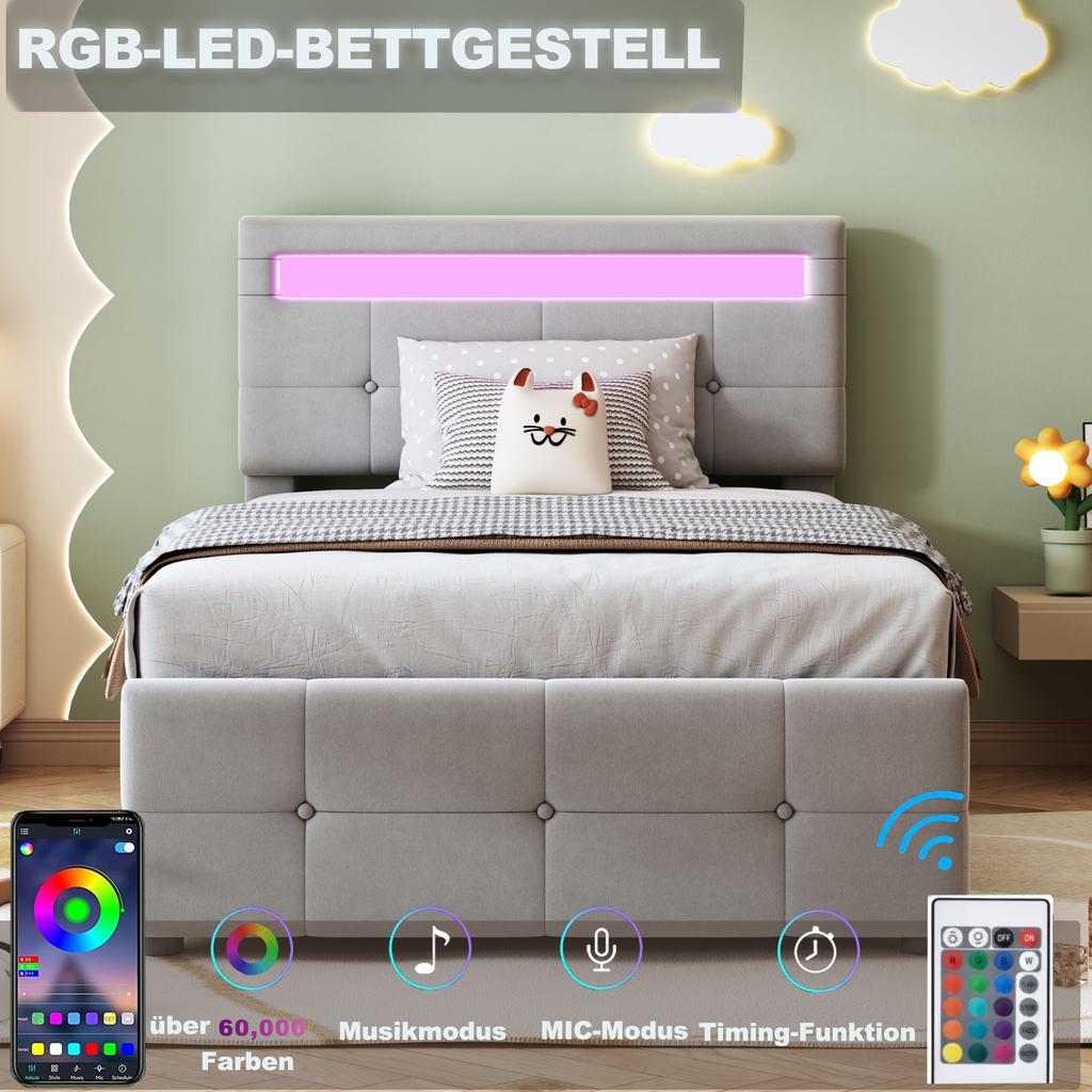 Upholstered Children's Bed 90x200 cm, With LED Lighting, Hydraulic Storage, Height-Adjustable Headboard, Single High Box, Velvet Fabric, Grey