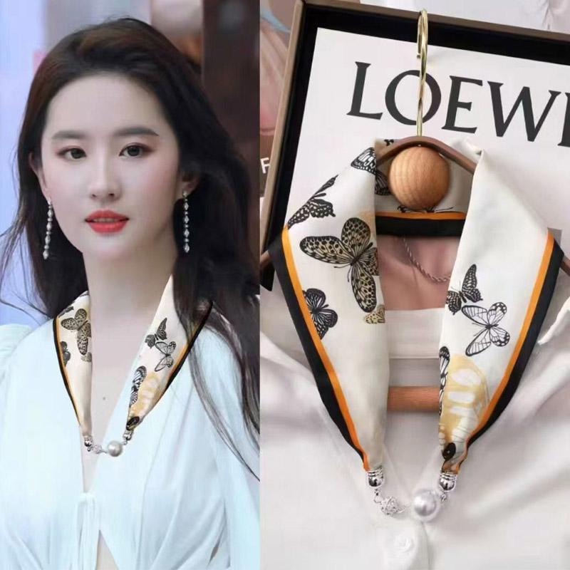 Luxury Design Magnetic Pearl Buckle Silk Scarf For Women Summer Thin Neck Scarves Decorative Shirt Lady Fashion