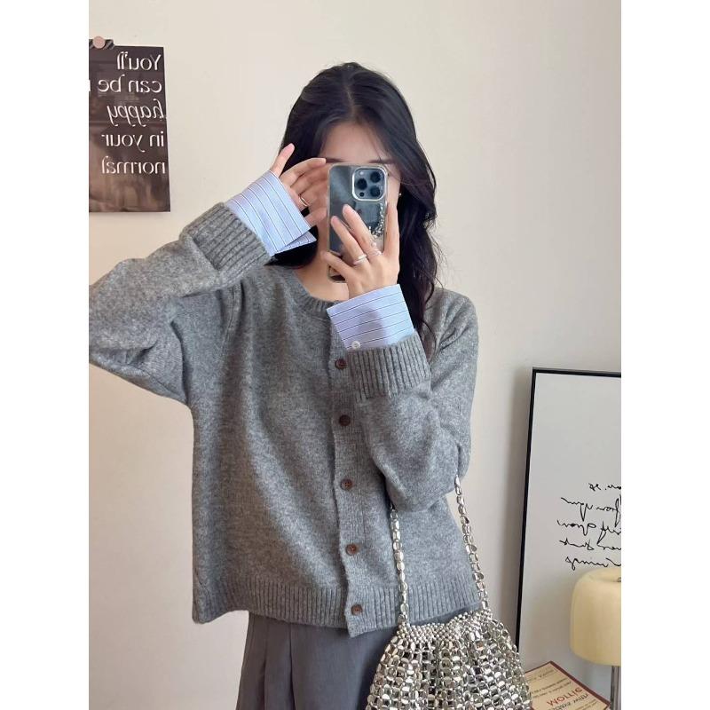 

Осень и зима новый вязаный кардиган с рукавами-фонариками, женский свободный свитер с круглым вырезом, универсальная куртка с темпераментом one size fits all серый