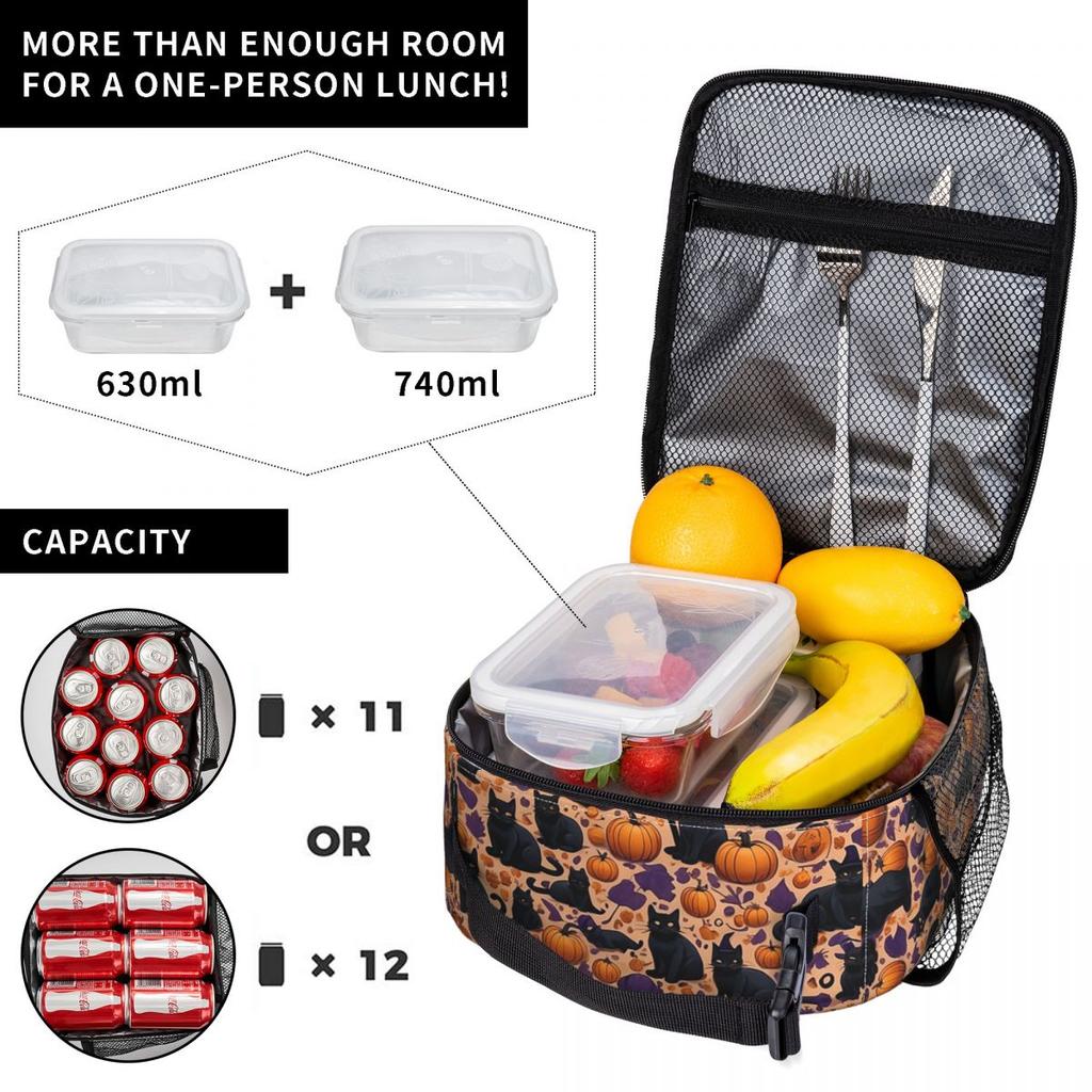 Witch Black Cat Pumpkin Halloween Pattern Insulated Lunch Bag for Women Kids Portable Food Boxes Thermal Lunch Box Tote