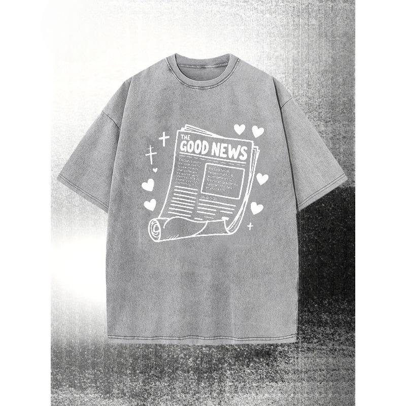 European sizes Vintage Oversized Men's T-Shirt Short Sleeve Tee with Newspaper Print, Faded Black Casual Streetwear for Daily Wear