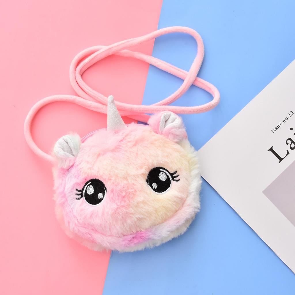 Borsa a tracolla in peluche tie-dye a forma di unicorno e zainetto rotondo per trucco