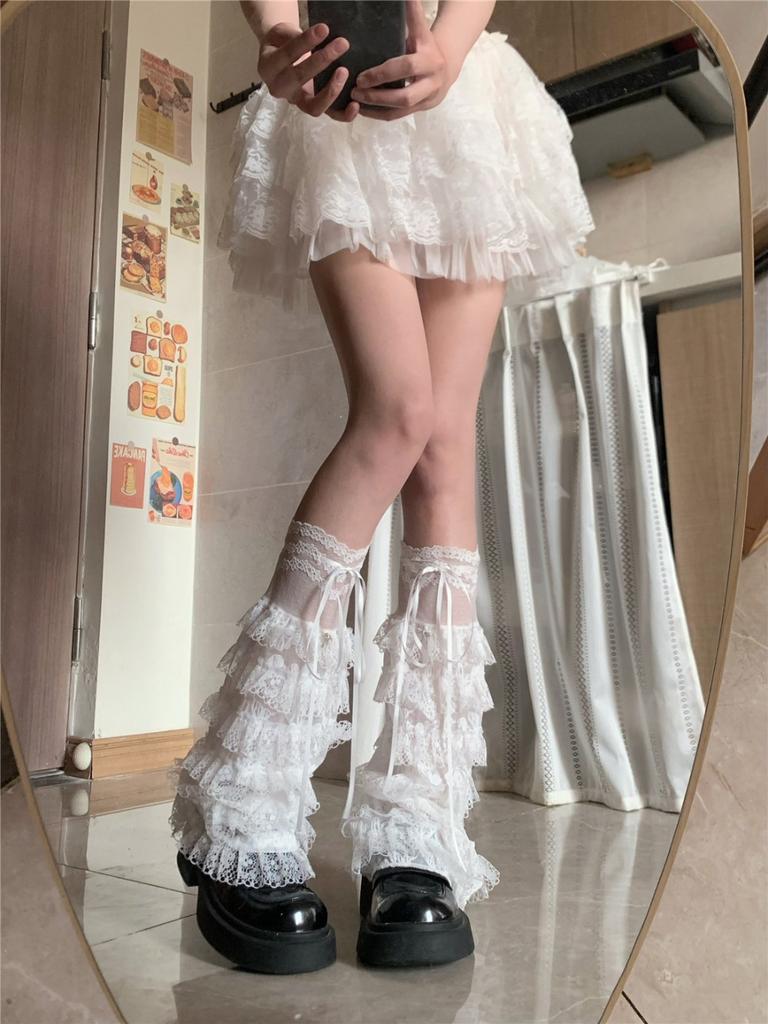 Sweet Lace-trimmed Leg Covers Harajuku Lolita Socks Tiered Ruffle Foot Cover with Drawstring Ribbon Princess Mesh Leg Sleeves
