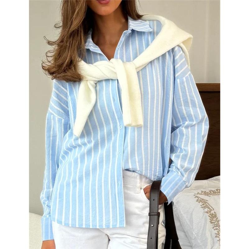Women's summer striped shirt long-sleeved lapel loose shirt