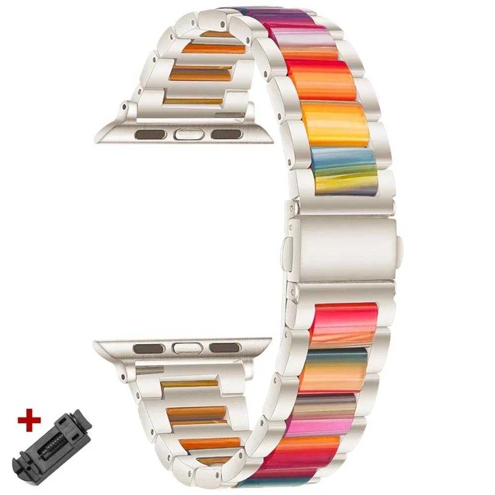 Stainless Steel+Resin Band for Apple Watch 10 42mm 46 Ultra 2 49mm Women Bracelet for IWatch 9 8 7 6 5 4 se 40mm 38mm 41 45 44mm