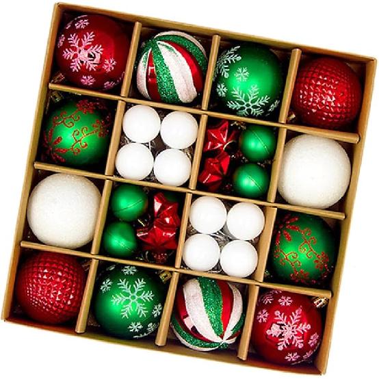 44pcs Christmas Balls Ornaments, Elegant Christmas Tree Decor Set, Xmas Tree Hanging Decoration Baubles Assortment, Pink and White Red Green White