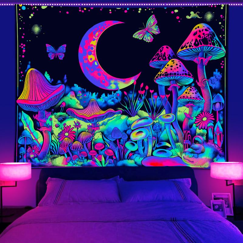 1pc UV reactive mushroom tapestry, plant flower starry sky tapestry, moon phase butterfly neon light effect tapestry