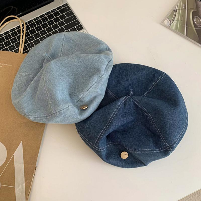 Béret d'été pour femmes style coréen polyvalent en denim chapeau d'artiste grande circonférence de tête chapeau ins
