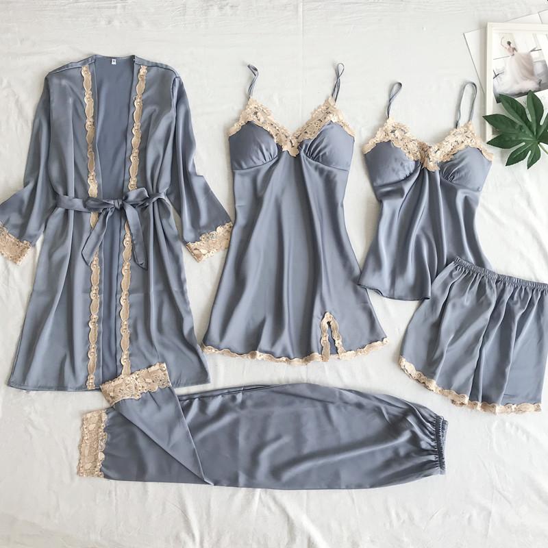 Silk Satin Pajama Set 5 Lace Patchwork Women's Pajama Set Top Shorts Loose Girdle Women's Pajama Home Wear with Chest Pad