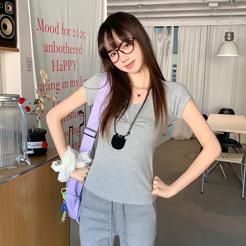 Chic V-neck Pinched Pleated Design Short-sleeved T-shirt for Women's Summer New Front Shoulder Slim Slim Top