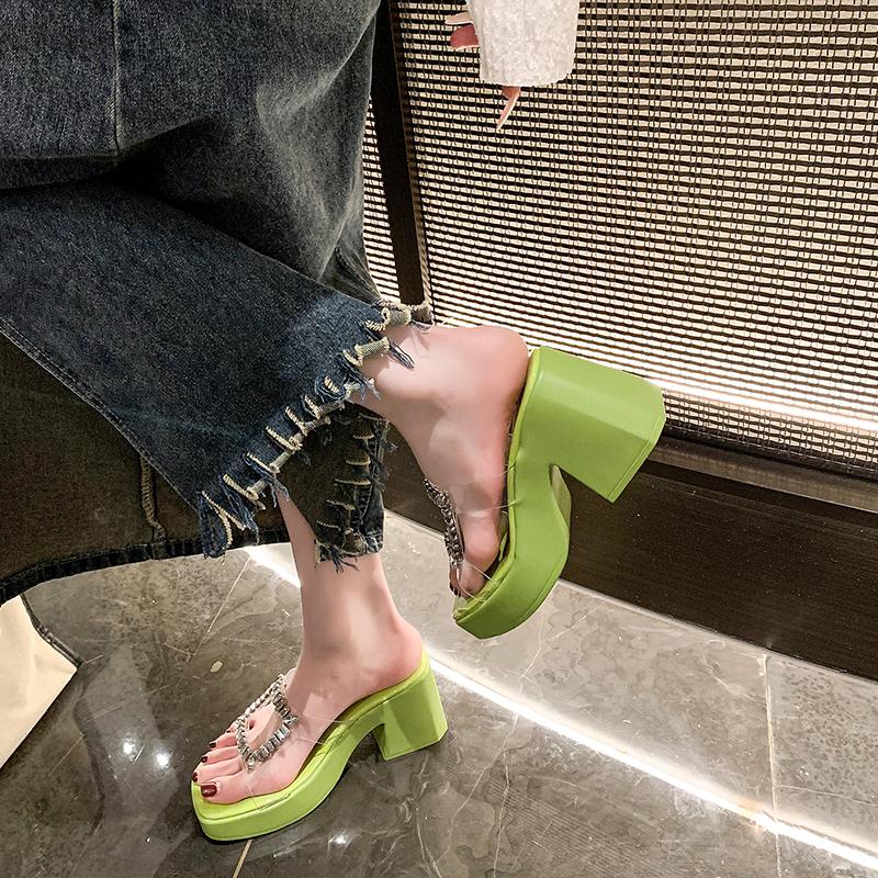 2024 High Quality Women's Shoes Summer Fashion Open Toe Solid Color Women's Slippers Transparent Rhinestone Women's High Heels