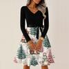 Ladies' Christmas Printed Casual And Fashionable V-neck Long Sleeved Dress