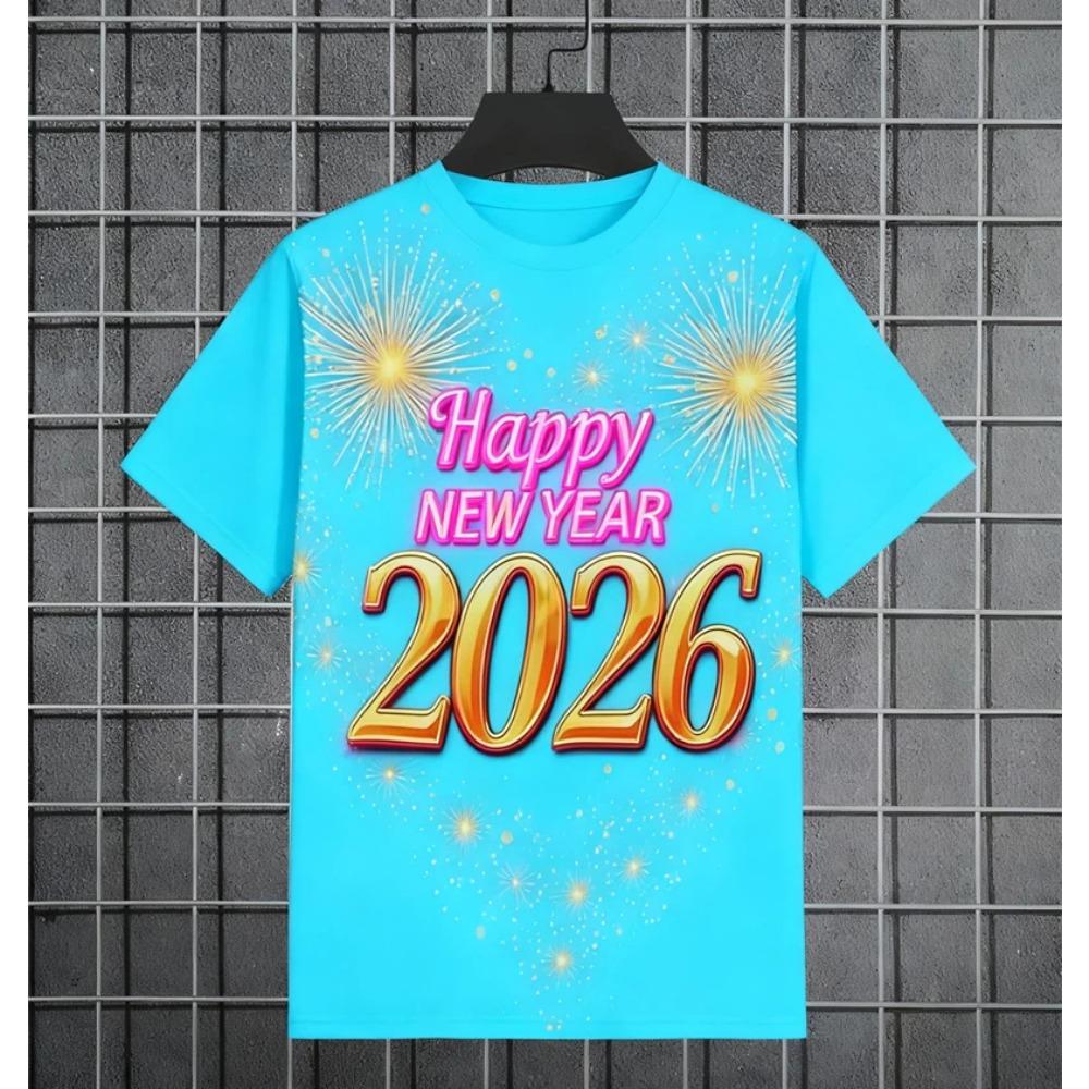 2026 New Year T-Shirt Fashion Men and Women's Happy New Year 2026 Print T-shirt Casual Crew Neck Short Sleeve Tees Top
