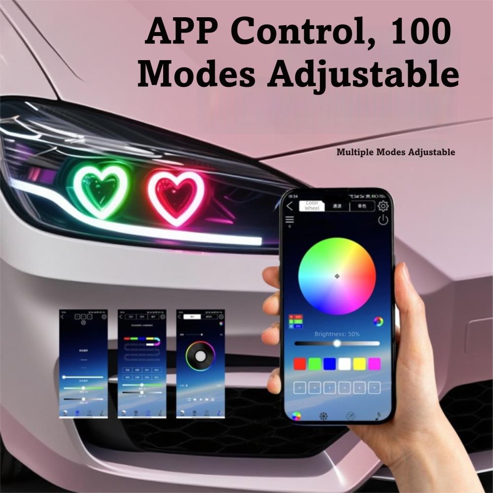 Heart-Shaped Car Fog Lights with App Control Turn Signal Lights LED Angel Eyes Halo Rings For Car