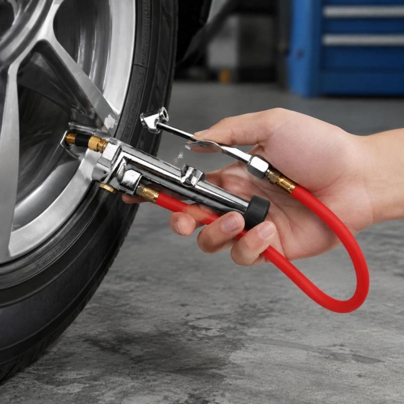 Hand Operated Air Chuck Pressure Gauge with Angled Tire Head and Hose for Motorcycle and SUV Tire Care Tasks