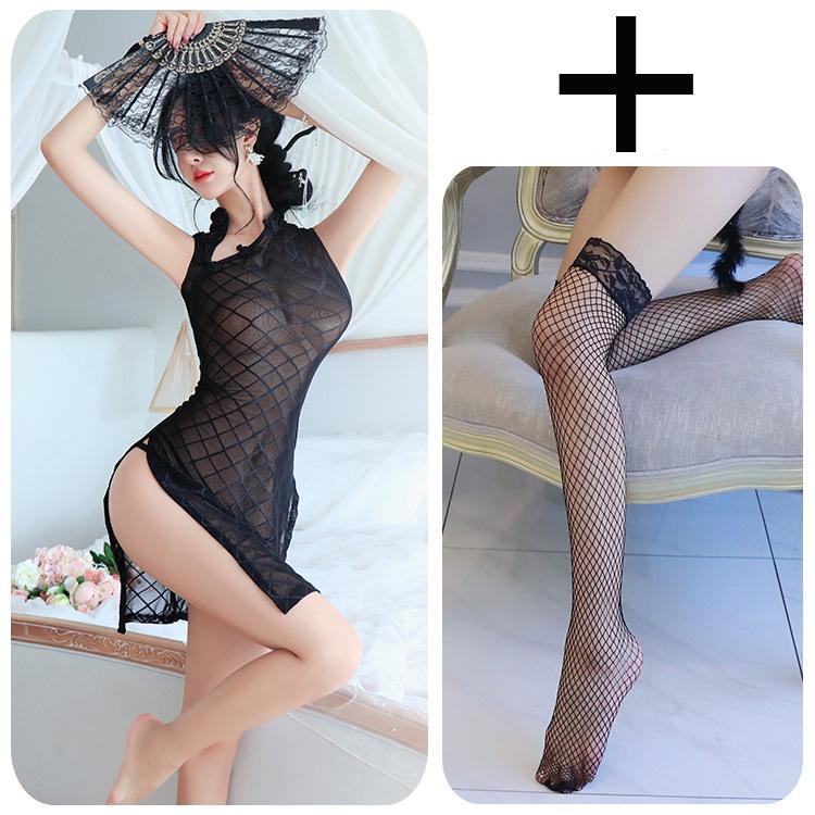 Dress Qipao Spicy Girl Sexy Pajamas High Slit Qipao Sexy Mesh See Through Outfit Sexy Lingerie Set Long Dresses With Sleeves Xxx