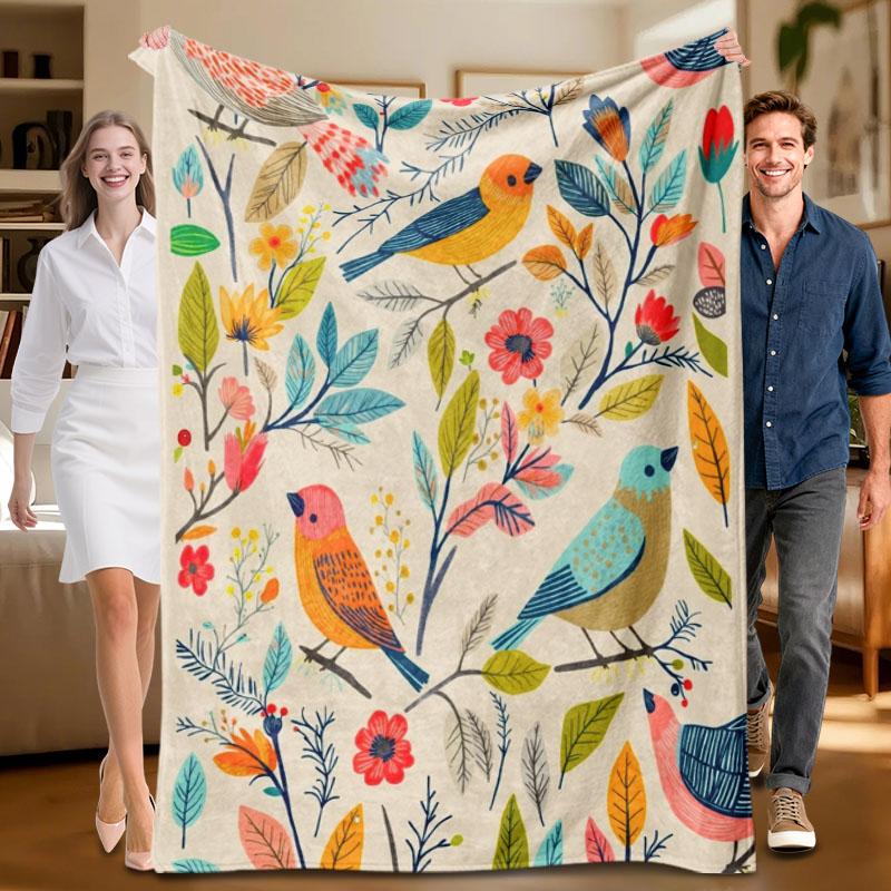 

1 piece floral bird-themed flannel blanket, soft cream with colorful birds and flowers, suitable for sofa, bed, office, all-seas 70x100cm