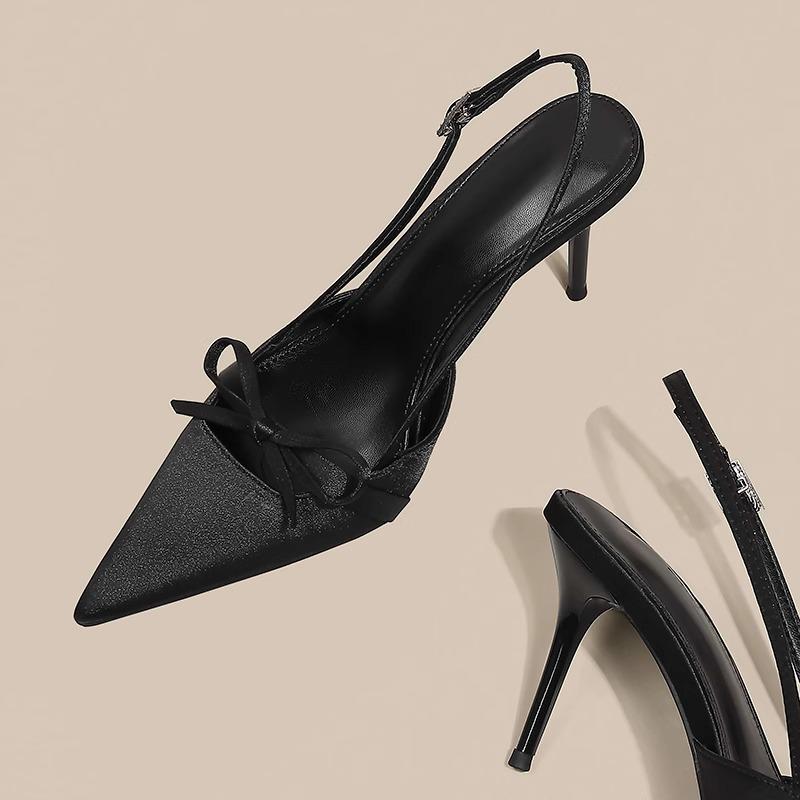 Bow Baotou Sandals Women's Summer Gentle Wind with Skirt Cheongsam Temperament Pointed Thin Heel Black High Heels