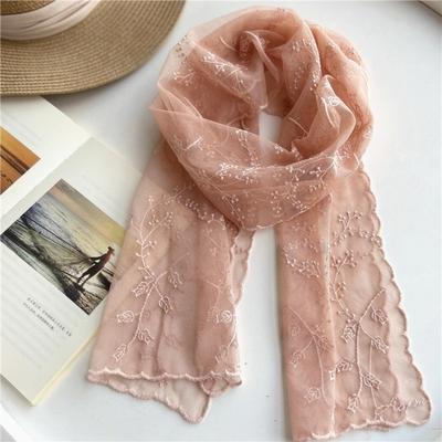 Literary Retro Women's Lace Scarf Elegant Long Summer Sunscreen Shawl Embroidered Flower Silk Headband