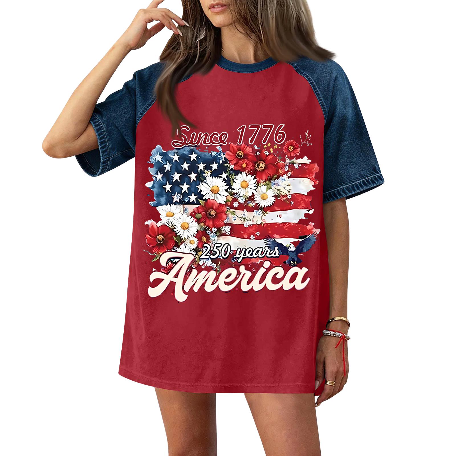 

Women’s Casual Short Sleeve T Shirt with 250th Anniversary Flag and Floral Print Denim Relaxed Fit Top L