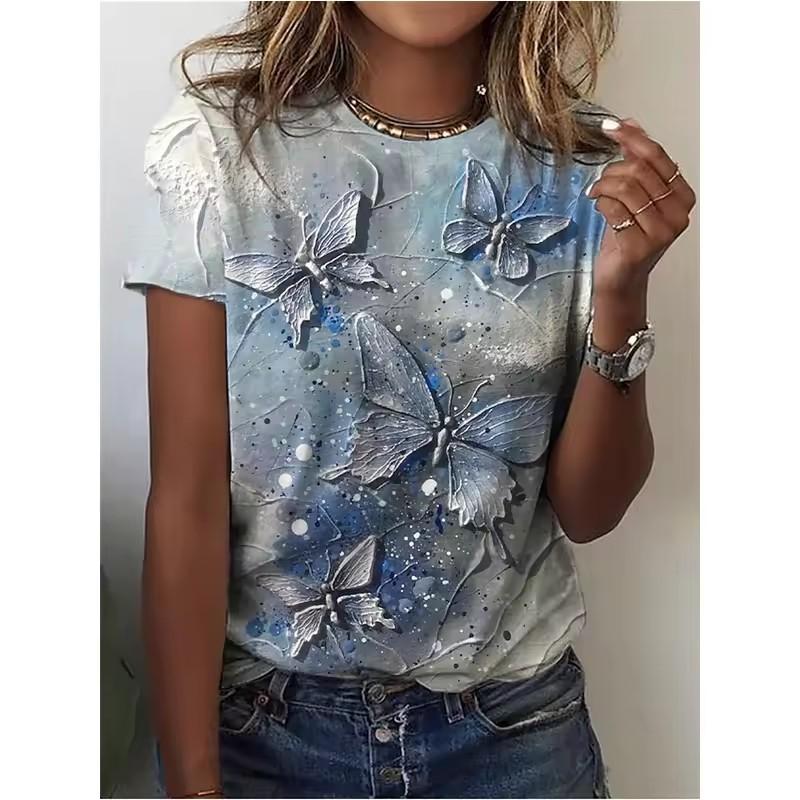 Summer Round Neck Women's T-shirt Fashion Splash Ink Flower 3D Printed Top Comfortable Loose Short Sleeve T-shirt