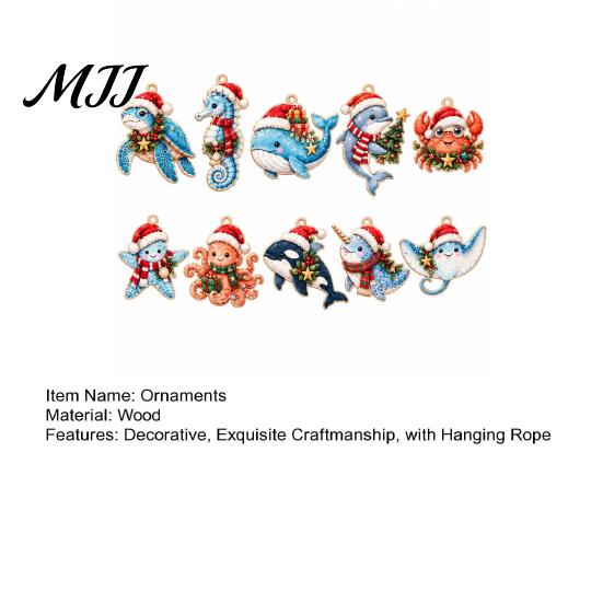 Holiday Party Decorations for Home Christmas Wooden Sea Animal Pendants, 2D Flat Ocean Themed Cartoon Figures, Decorative Cute Life Ornaments
