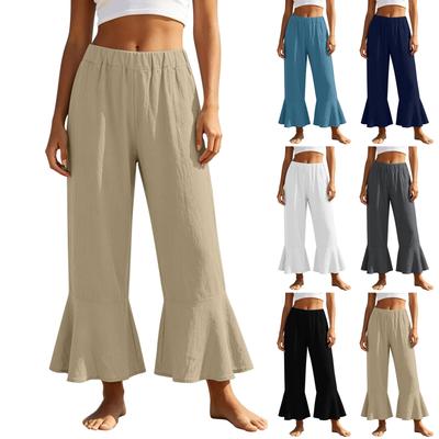 Women Summer Casual Elastic Waist Wide Leg Pants Flared Capri Trousers Beach Loose Fit Lightweight Breathable