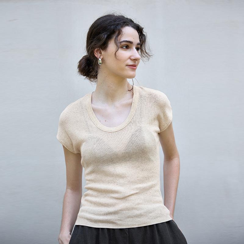 Spring and summer new round neck linen knitted slim-fitting short-sleeved women's high-end basic women's top t Lyocell T-shirt