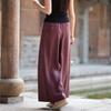 Johnature Vintage Women Wide Leg Pants Solid Color Autumn Trousers Elastic Waist Patchwork Button Pockets Pants
