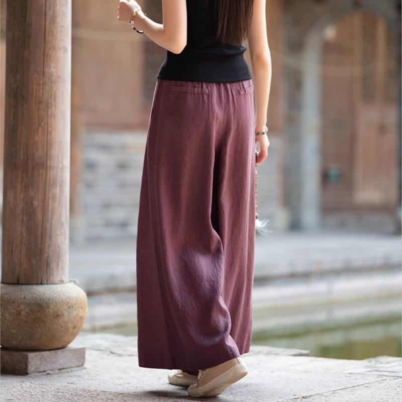 Johnature Vintage Women Wide Leg Pants Solid Color Autumn Trousers Elastic Waist Patchwork Button Pockets Pants