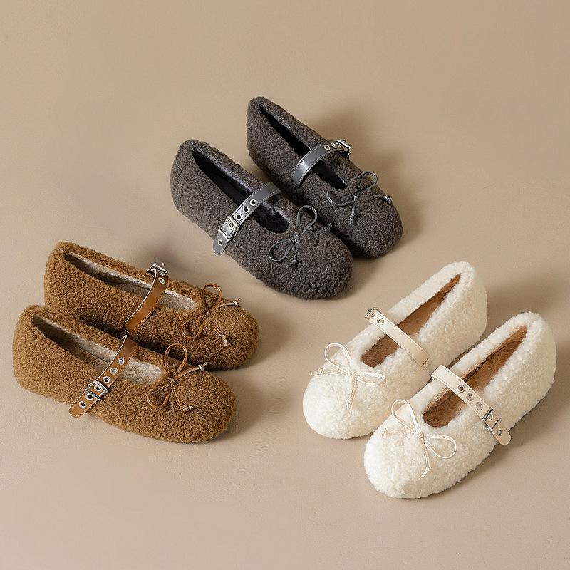 Bow inner heightening fluffy shoes new winter flat cotton shoes with Mary Jane ballet shoes fairy