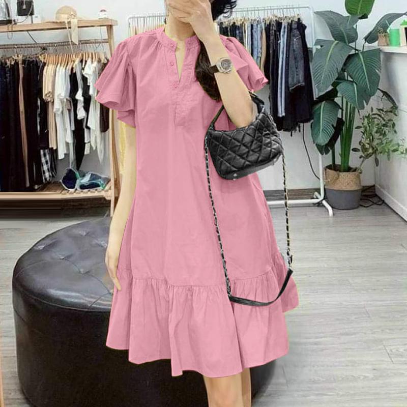 

ZANZEA Женское повседневное платье с воротником-стойкой, однотонное, свободного кроя, с коротким рукавом S