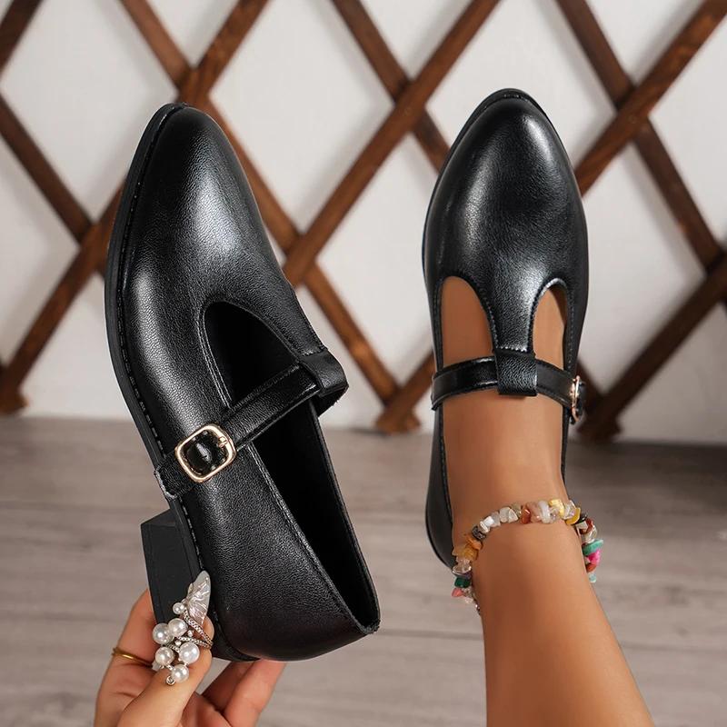 Fashion 2025 Spring T-Strap Thick Heels Pumps Women Vintage Pointed Toe Med Heel Mary Jane Shoes Woman Plus Size Pu Leather Shoes Mujer