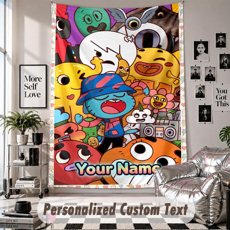Wall Hanging Tapestry With Custom Name & Text, Amazing World of Gumball Decorative Tapestry For Bedroom