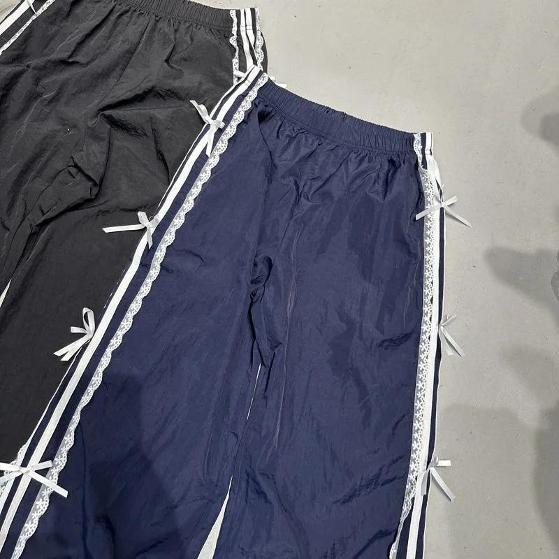 

Эластичная талия Кружевные расклешенные Белые отстрочки Повседневные брюки Облегающие спортивные брюки Брюки с бантом M темно-синий