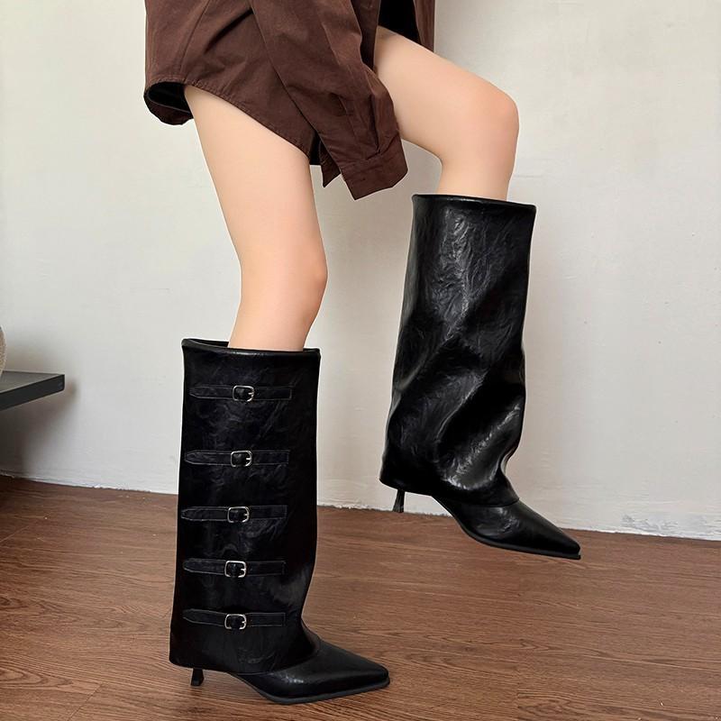 Retro High Cut One Foot Buckle Pointed Knight Boots For Women,  Autumn And Winter Plus Size Pants And Women'S Shoes