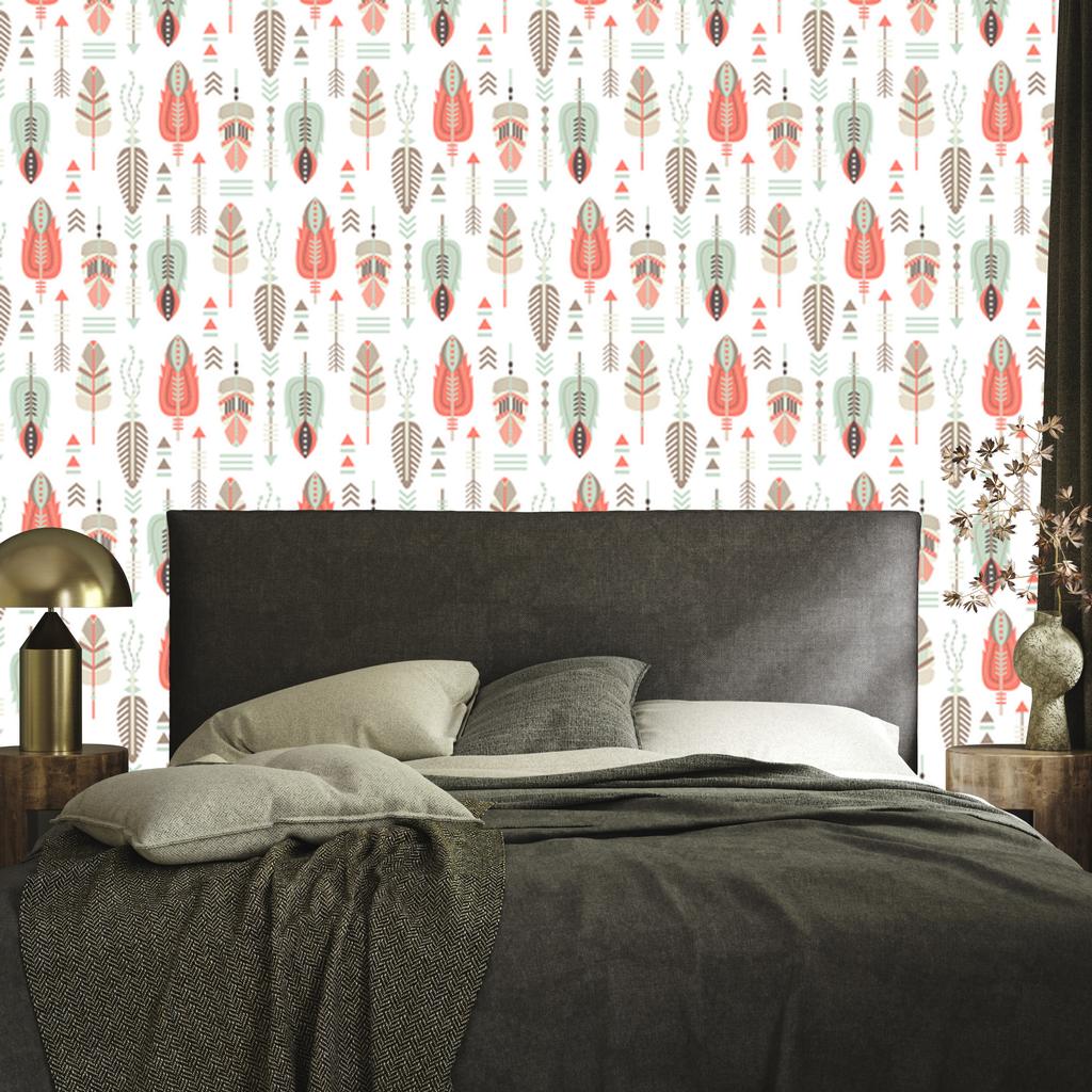 Ethnic Pattern Wallpaper Beige, Light Gray and Coral 50x1000