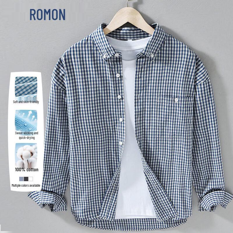 ROMON Men s Japanese Style Loose Fit Plaid Long Sleeve Shirt XL
