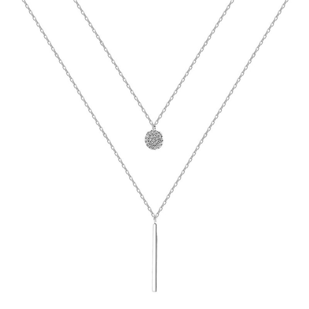 Full Zircon Round Shiny Long Pendant 925 Sterling Silver Double Layer Necklace Clavicle Chain