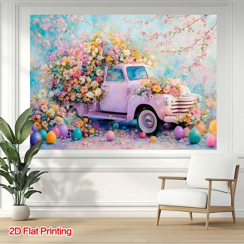 2D Colorful Easter Egg Truck Backdrop for Holiday Celebrations