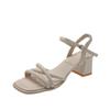 One-word High Heels, Spring and Summer New French Temperament Thick Heel Square Head White Fairy Sandals Female Middle Heel