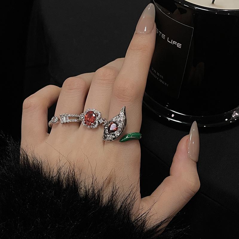 Red Zircon White Open Ring, Women'S Cold Wind, Sweet And Cool Temperament Stacking, Wearing High-End Ring Accessories Tide