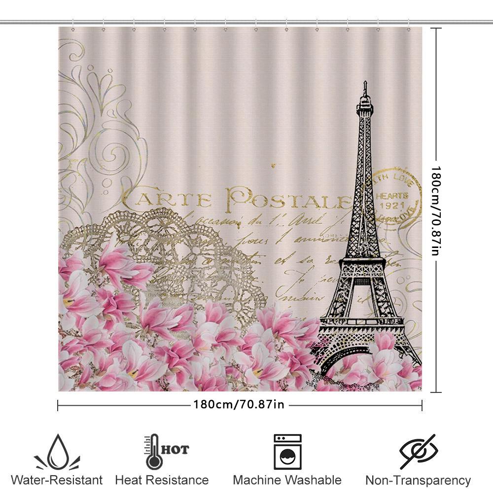 Vintage Paris Eiffel Tower Floral Shower Curtain Pink Magnolias Decorative Bath Set For Home Bathroom 3D Printed Waterproof Fabr